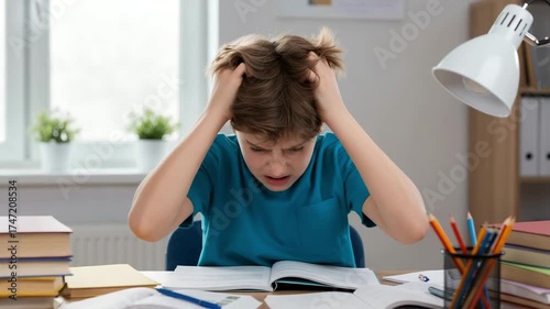 Student looking anxious at desk, frustrated boy pulling hair over homework stress at home study