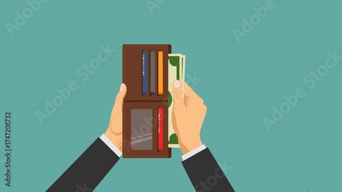 put money in wallet video animation flat concept