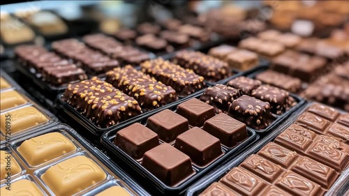 An assortment of chocolates in various sizes and flavors, featuring vivid colors that make them visually appealing.
