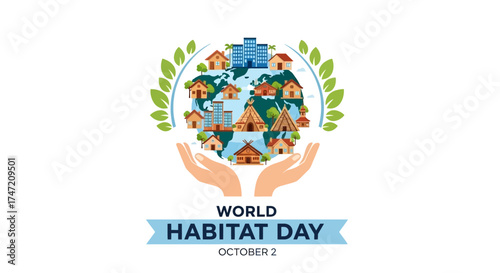 Embrace World Habitat Day with a diverse showcase of homes, from cozy cottages to modern skyscrapers, symbolizing unity and preservation of our planet's precious ecosystems