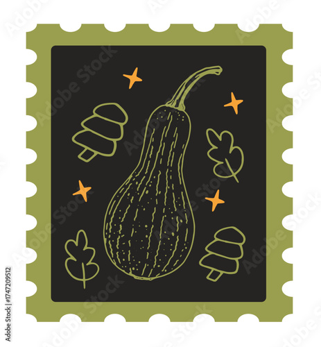 A stylized vector design of a pumpkin on a decorative postage stamp background. Features line art and a hand-drawn look. Great for fall prints and packaging.