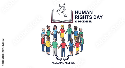 Celebrate Human Rights Day with a Diverse Group of People Standing Together for Equality and Freedom, Symbolized by a Dove and Open Book, Perfect for Social Justice Campaigns
