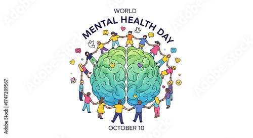 Inspiring Mental Health Awareness for World Mental Health Day in October, Showing Unity and Support with Colorful People Connecting Around a Brain Symbolizing Mental Wellbeing