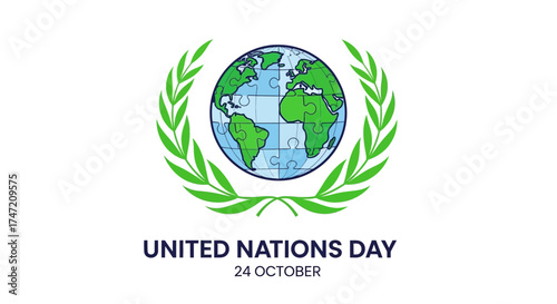 Celebrate United Nations Day with a Puzzle Globe Surrounded by Olive Branches, Promoting Peace and International Cooperation for a Better Future on October 24th