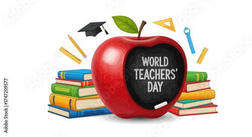 Celebrate World Teachers' Day with festive school supplies and books, perfect for educational materials, teacher appreciation gifts, and back-to-school campaigns