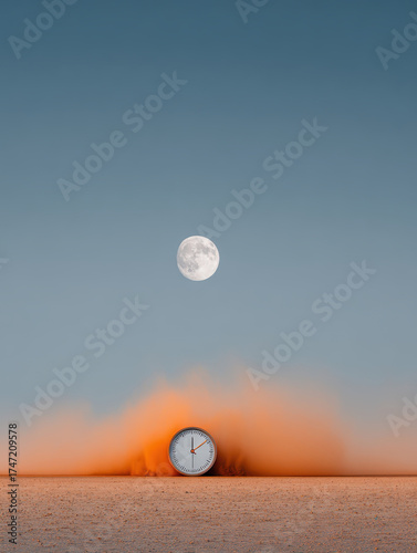 Conceptual image of a clock in the desert emitting orange dust, with the moon above, symbolizing time, nature, and surrealism.
