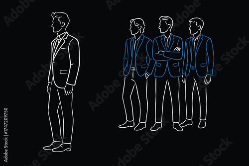 Minimal line art illustration of groom and groomsmen in blue suits, elegant wedding concept