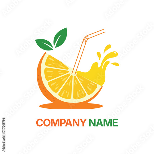 Vibrant orange slice with straw and splash logo