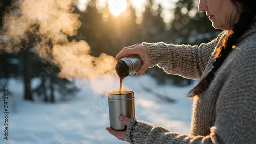 Person holding thermos in snow, woman pouring hot drink outdoors in winter forest for camping warmth