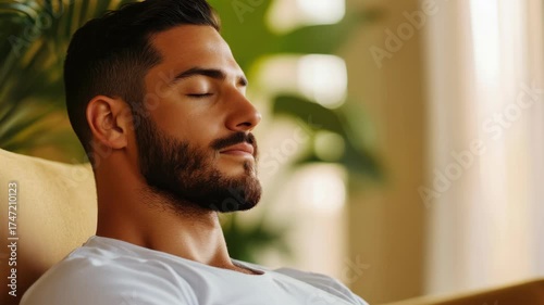 Man with beard and mustache lying on back, eyes closed, exhaling deeply.