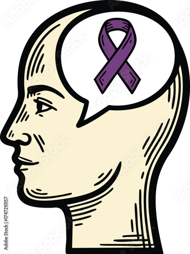 Human head with purple awareness ribbon thought bubble mental health support concept vector illustration 