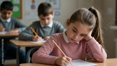 Student left out during classroom activity, elementary school girl feeling excluded while writing test or homework, childhood education and social emotion concept