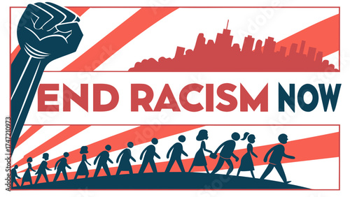Illustrative design featuring powerful message to end racism now with diverse group of people marching forward. Symbol of unity in standing against discrimination