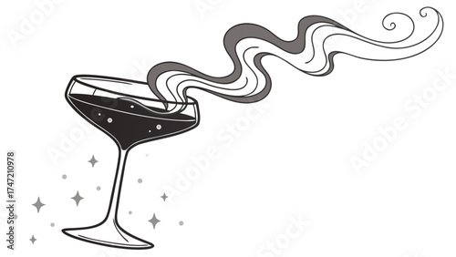 Black cocktail with smoky vapor in elegant glass, surrounded by sparkling stars. Sophisticated black cocktail evokes mystery, perfect for upscale parties or evening events