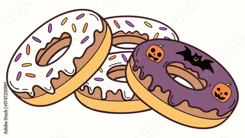 Halloween donuts with colorful glaze and lovely decorations showcasing festive themes. Halloween treats feature white frosting, sprinkles, and purple glaze with spooky designs of bats and pumpkins.