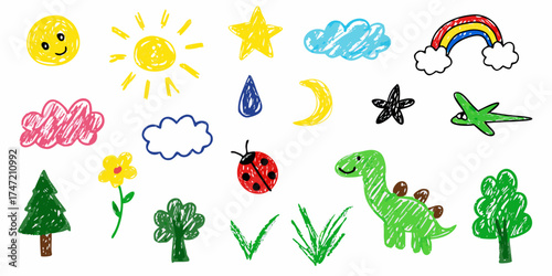 Collection of cute hand drawn crayon style illustrations for children including sun moon stars clouds rainbow dinosaur ladybug trees and flowers