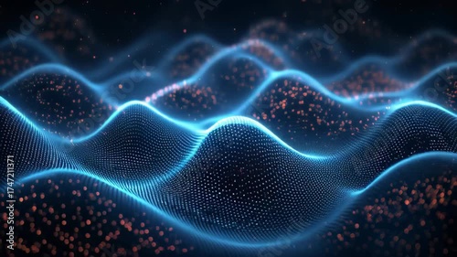 Futuristic data wave with glowing particles and flowing digital mesh, abstract technology background