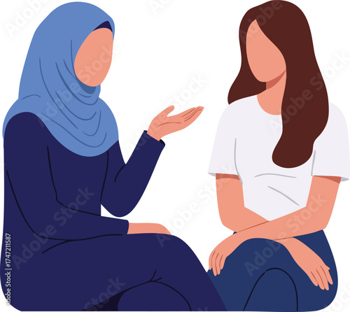 Two women having conversation in casual clothing with one wearing blue hijab and the other with brown hair in white shirt vector illustration 