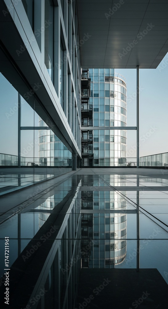Fototapeta premium Modern Architectural Symmetry: A sleek, modern building showcases a captivating interplay of clean lines, glass, and reflections, offering a minimalist aesthetic and geometric beauty.