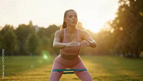 Woman doing squats using resistance bands in sunrise light