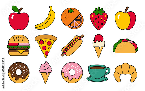 Vibrant collection of cartoon food icons for digital and print projects