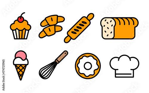 Simple minimalist baking icons set featuring pastries and tools for design