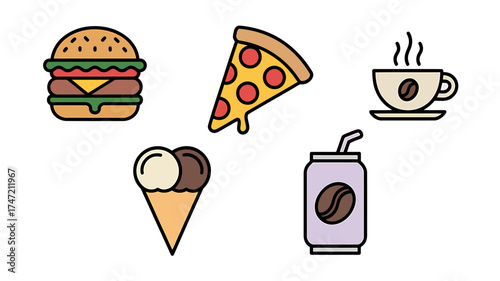 Set of five simple cute fast food and drink icons for graphic design projects
