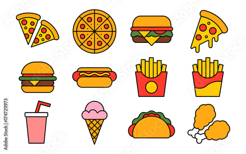 Delicious assortment of fast food icons for menu design and branding