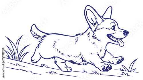 Corgi Running Joyfully in Nature - Vector Illustration of a Playful Dog in a Green Environment