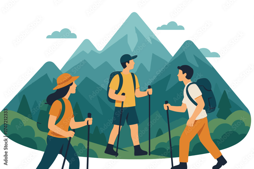Fototapeta premium Set out on an exciting mountain journey, where the expansive wilderness invites travelers to discover, and hikers of all ages and tourists chase the exhilaration of the great outdoors