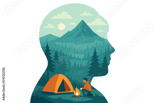 Vector illustration featuring people camping amid a beautiful forest, mountain, and sky, capturing adventure and travel with double exposure