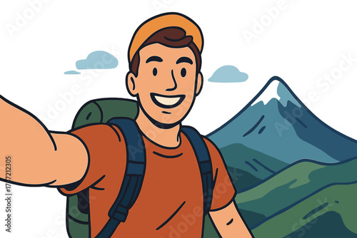 A young male hiker captures a selfie portrait atop a mountain, smiling happily at the camera, embodying a tourism, sports lifestyle, and social media influencer vibe