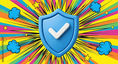 Digital defense and cyber safety concept with a 3d blue shield icon for data protection on a pop art background