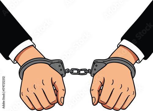 Hands in handcuffs wearing black suit sleeves representing arrest and law enforcement concept vector illustration 