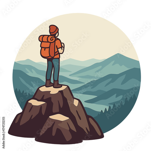 A tiny figurine of a mountain hiker with a backpack remains on a mountain peak, overlooking a beautiful panorama