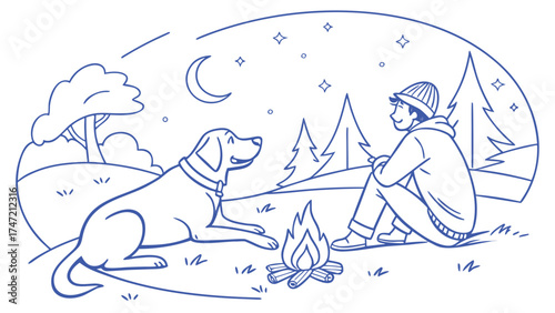 Dog and Owner Bonding in Nature, Illustrative Art, Starry Night Environment