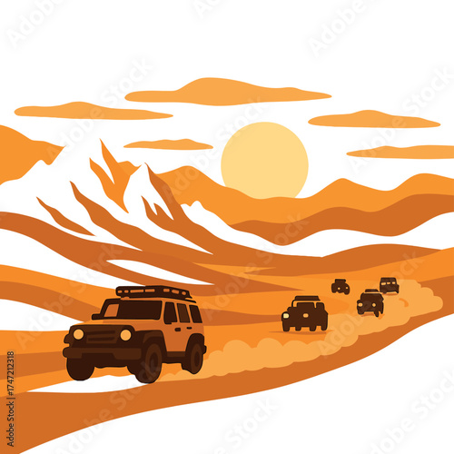 A group of off‑road vehicles churns up dust while traversing a dramatic desert scene, illuminated by the golden glow of the setting sun, stirring feelings of adventure and exploration