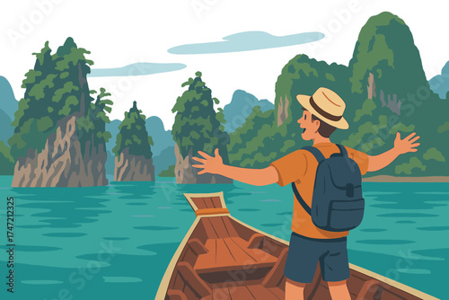 A traveler enjoys a scenic boat adventure on a rock island in Khao Sok National Park, marveling at the beautiful landscape and nature, a famous destination for tourists in Thailand and Asia