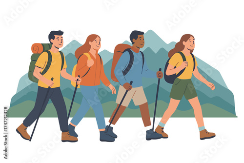 Four students on a mountain trek, enjoying a vacation together, captured in 4K footage of friendship and travel