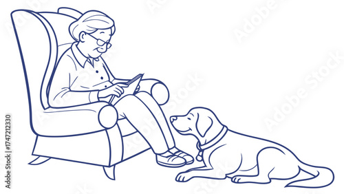Dog Watching Elderly Man Reading at Home, Illustration, Cozy Indoor Environment, Warm Atmosphere