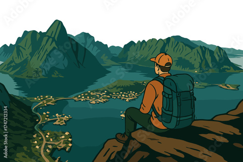 A lone man on the edge of a cliff enjoys a panoramic view, embodying the backpacking travel adventure lifestyle of outdoor vacations atop Norway's Reinebringen mountain