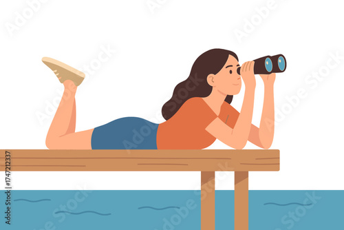 A young, beautiful girl lies on a pier by the sea, gazing at the sky through binoculars, embodying a travel-search journey concept