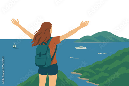 A young woman lifts her hands atop a mountain overlooking the sea from above, enjoying a summer landscape; a tourist girl stands on a seaside cliff, admiring tropical waters with ships and boats