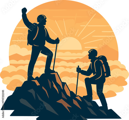 At sunrise, two climbers atop a mountain peak gaze over a cloud sea, epitomizing adventure and triumph