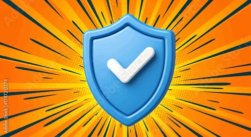 3d blue shield icon for cyber security and online safety, a protection symbol on a dynamic pop art background