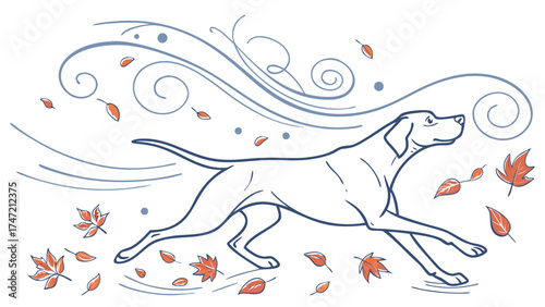 Dynamic Blue-Line Vector of a Dog Running in the Wind with Leaves - Creative Illustration Design