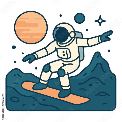 A space explorer deftly maneuvers a snowboard across a bizarre alien landscape, emphasizing themes of discovery, daring, and the mysterious in a cosmic setting