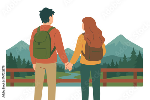 A man and woman in love stand on a bridge, holding hands and gazing at mountains and forest, embodying a travel lifestyle concept of adventurous vacations into the wild