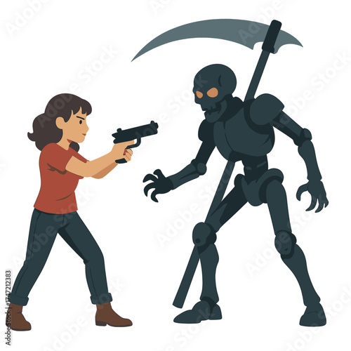 A girl armed with a gun confronts a robot wielding a Reaper scythe in a digital illustration style