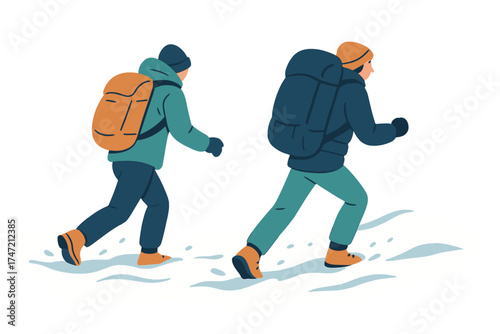 Two backpacking explorers traverse the snowy field in slow motion